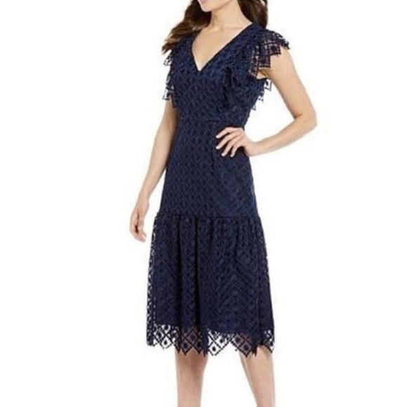 Antonio Milani Navy Blue Lace Sleeveless Midi Dress Women 6 Formal Party Wedding - Picture 5 of 13